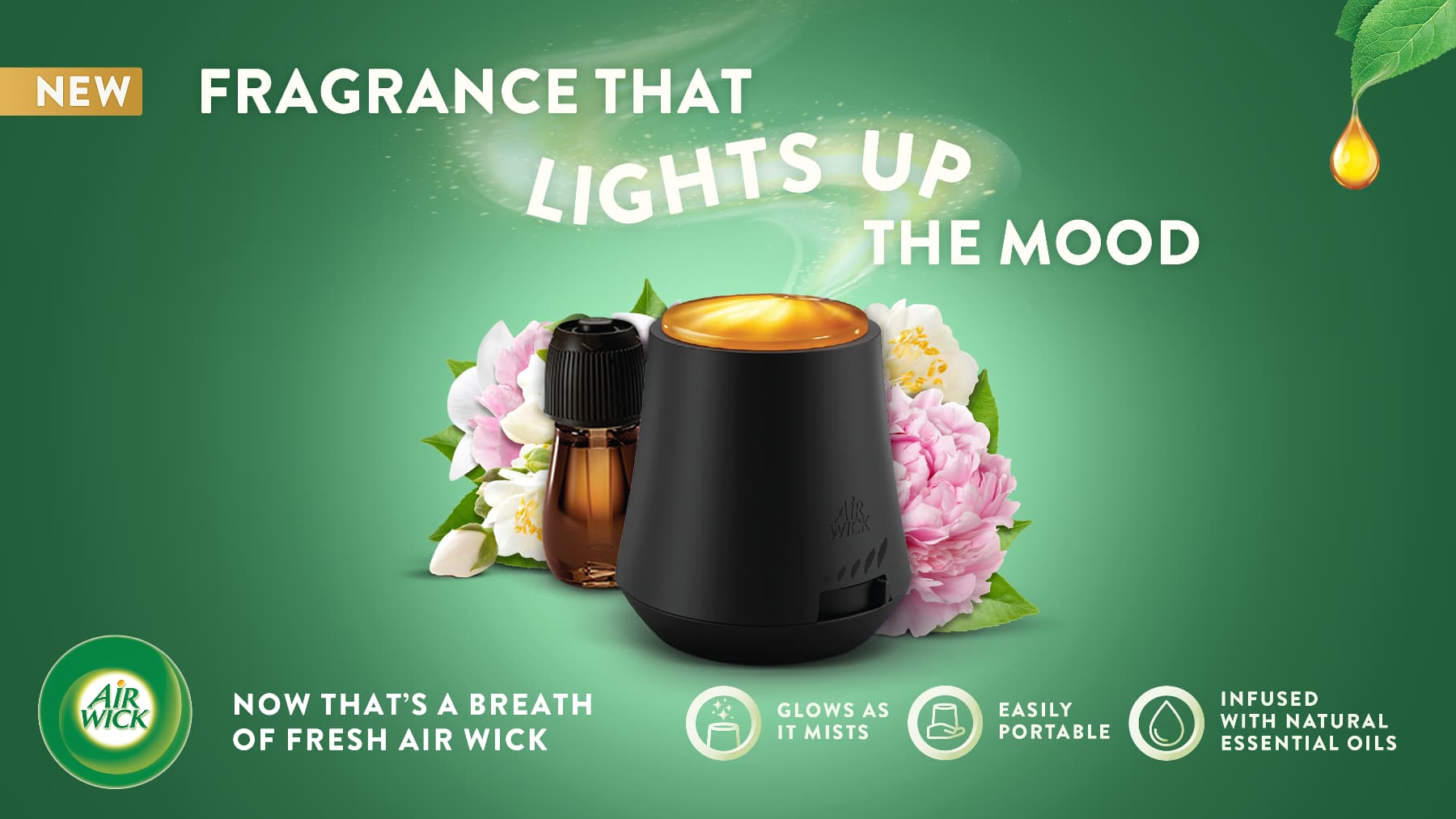 The New Air Wick® Essential Mist™ Diffuser transforms essential oils into a mist that surrounds you with a natural fragrance. Glows As it Mists. Easily Portable. Infused With Natural Essential Oils