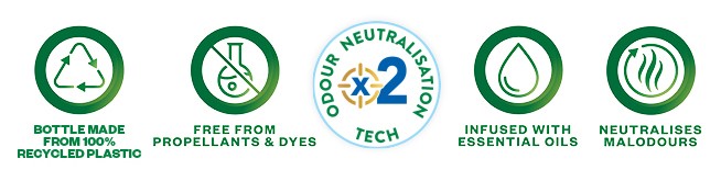 Bottle MADE FROM 100% RECYCLED PLASTIC. FREE FROM PROPELLANTS & DYRES. OCOUR NEUTRALISATION X2 TECH. INFUSED WITH NATURAL ESSENTIAL OILS. NEUTRALISES MALODOURS.