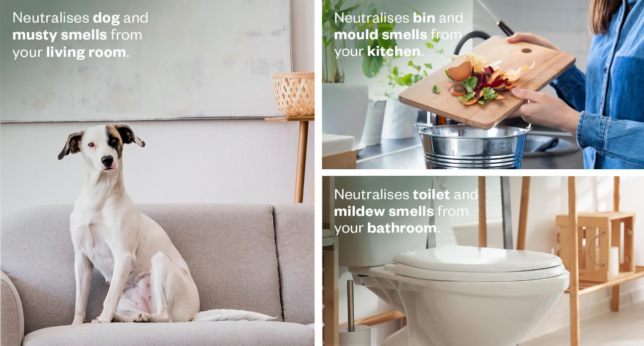 Neutralises pet and musty smells from your living room.  Neutralises bin and mould smells from your kitchen. Neutralises toilet and mildew smells from your bathroom..