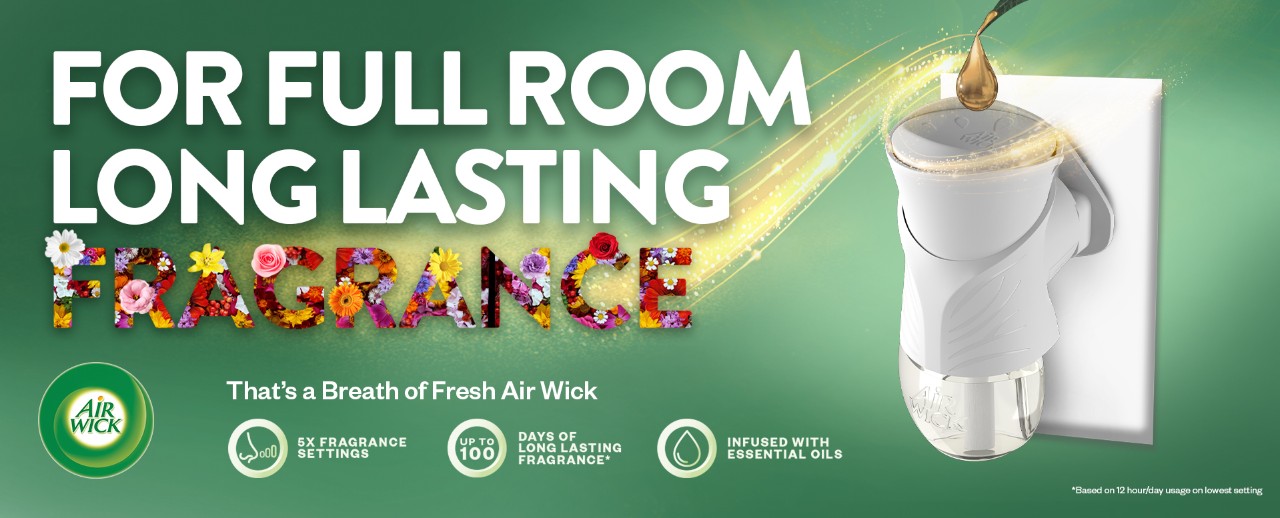 Air Wick Liquid Electrical Plug-in. For Full Room Long Lasting Fragrance. That's A Breath Of Fresh Air Wick. 5x Fragrance Settings. 100 Days Of Long Lasting Fragrance* (*Based On Lowest Setting). Infused With Essential Oils.